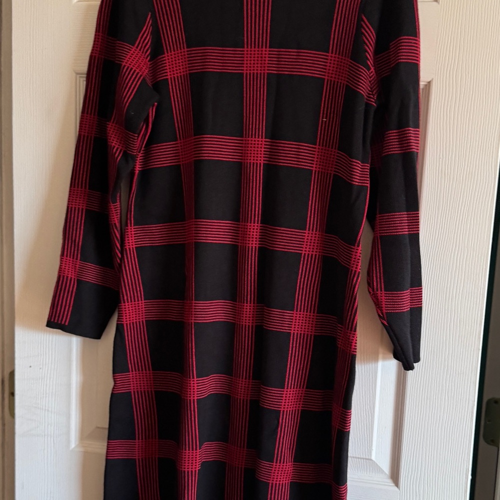 Danny & Nicole Red and Black Checkered Long Sleeve Sweater Dress, Funnel Neck 1X